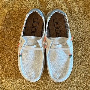 Hey Dude Women's White Lace Slip-On Loafers with Coral Accents